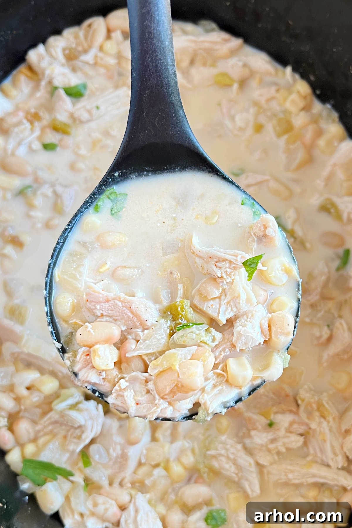 white bean chicken chili in ladle over crock pot
