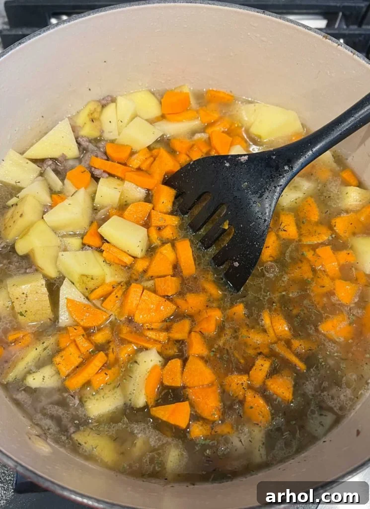 Comforting Ground Beef and Veggie Soup 5 Diced potatoes and carrots added to the beef soup base in a Dutch oven