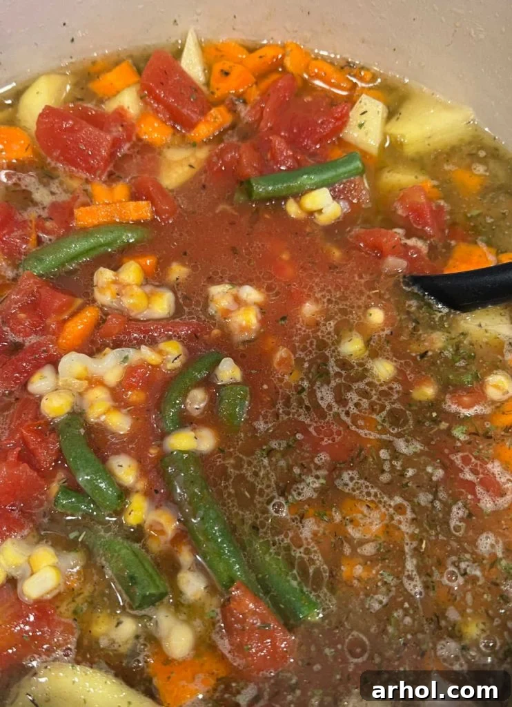 Comforting Ground Beef and Veggie Soup 6 Mixing green beans and tomatoes into the vegetable soup for a rich flavor