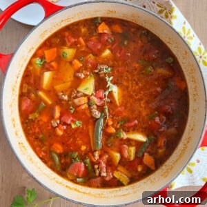 Delicious ground beef vegetable soup with green beans, potatoes and carrots in a Dutch oven