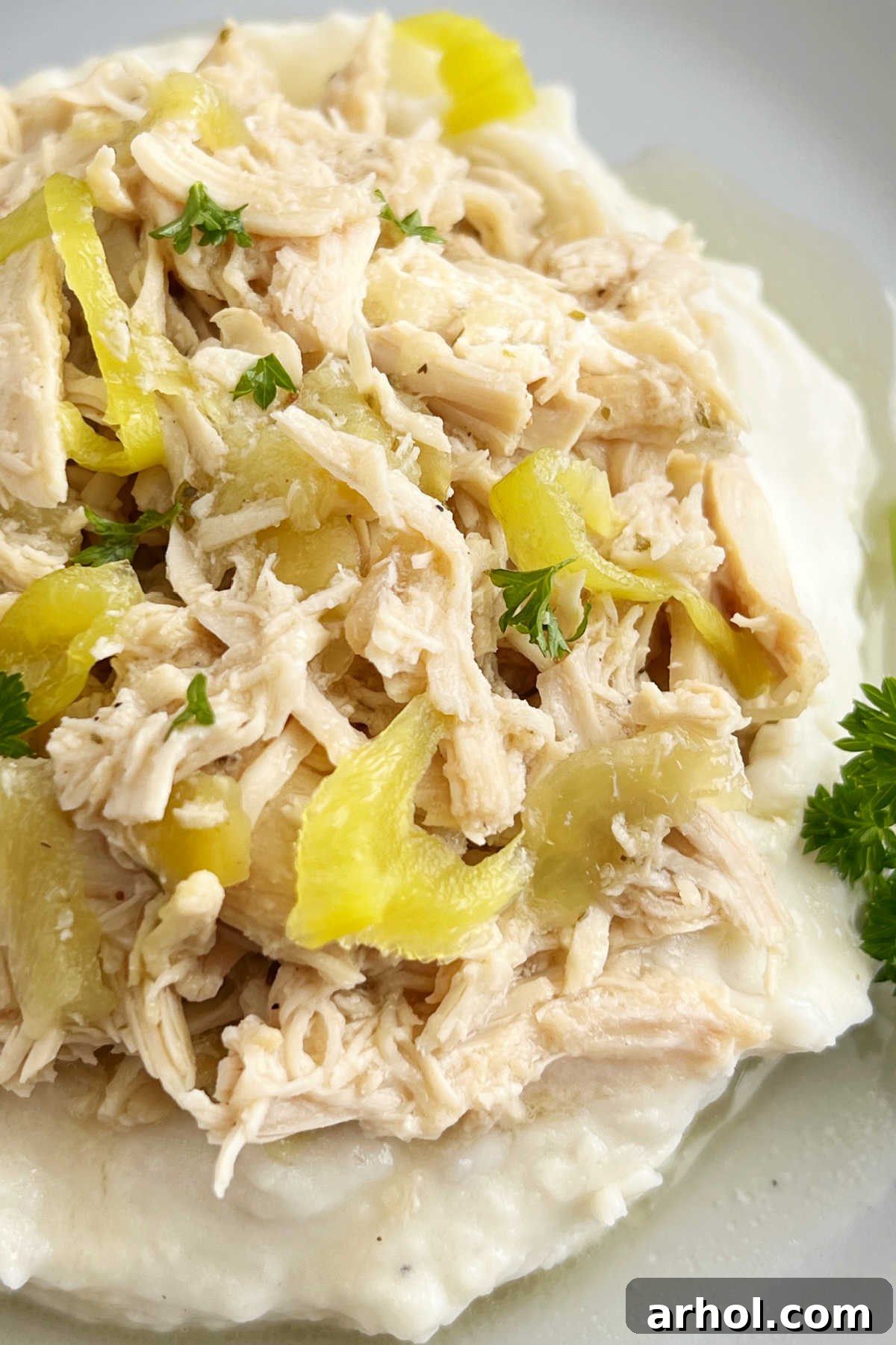 Effortless Mississippi Pot Roast Chicken 8 Crock Pot Mississippi Chicken served with mashed potatoes.