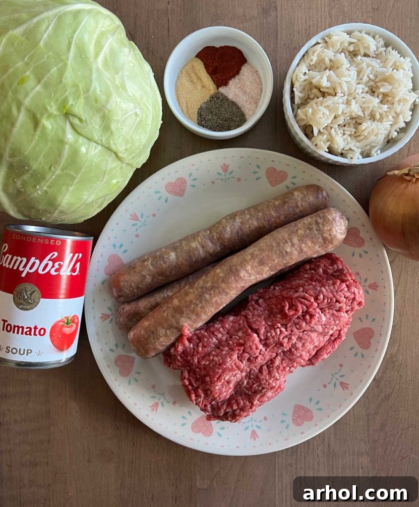 Beef, pork, tomato soup, cabbage, rice, onion and seasonings laid out as ingredients for casserole