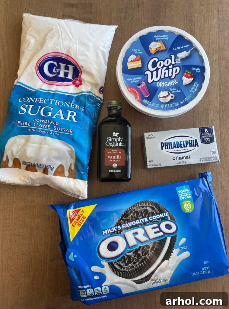 Oreo cookies, Cool Whip, cream cheese, powdered sugar and vanilla