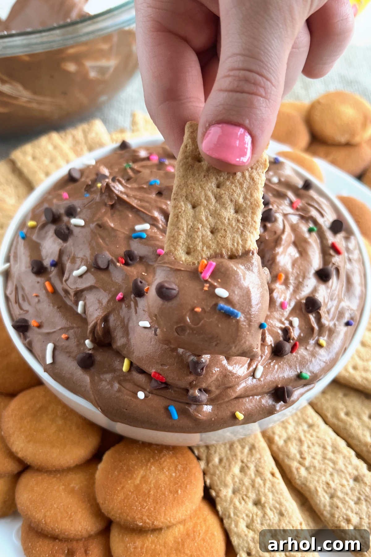 brownie batter dip recipe on a graham cracker