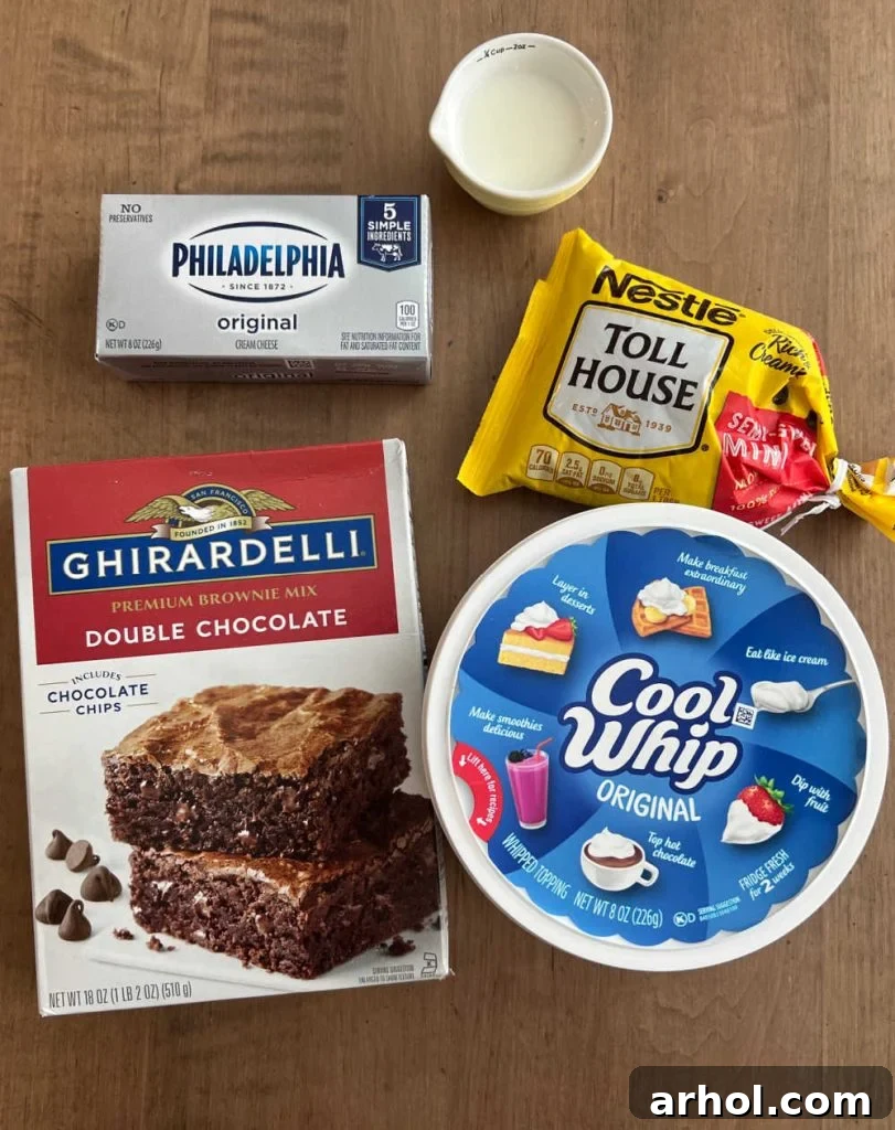 brownie mix, cream cheese, milk, chocolate chips and Cool Whip