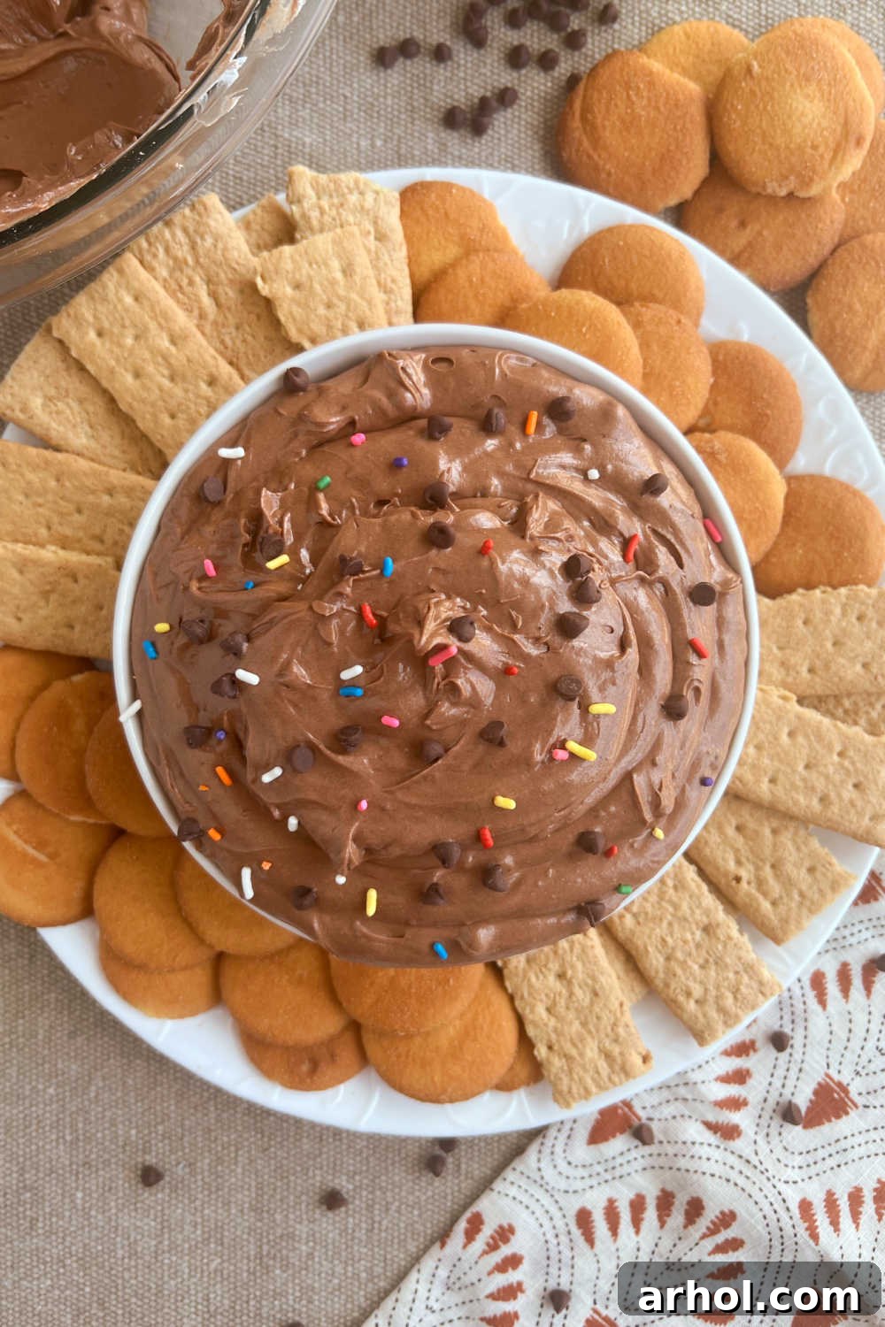 brownie batter dip in serving bowl with dippers