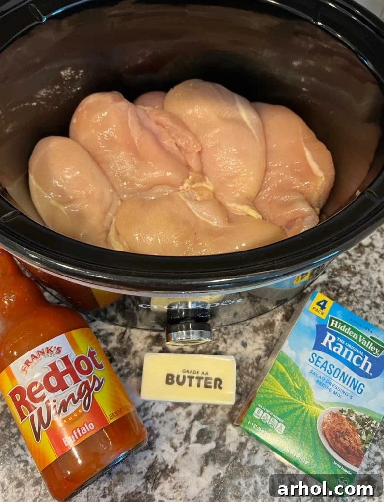 boneless skinless chicken breast, Frank's red hot buffalo wings sauce, packet of ranch dressing mix and butter as ingredients for the recipe