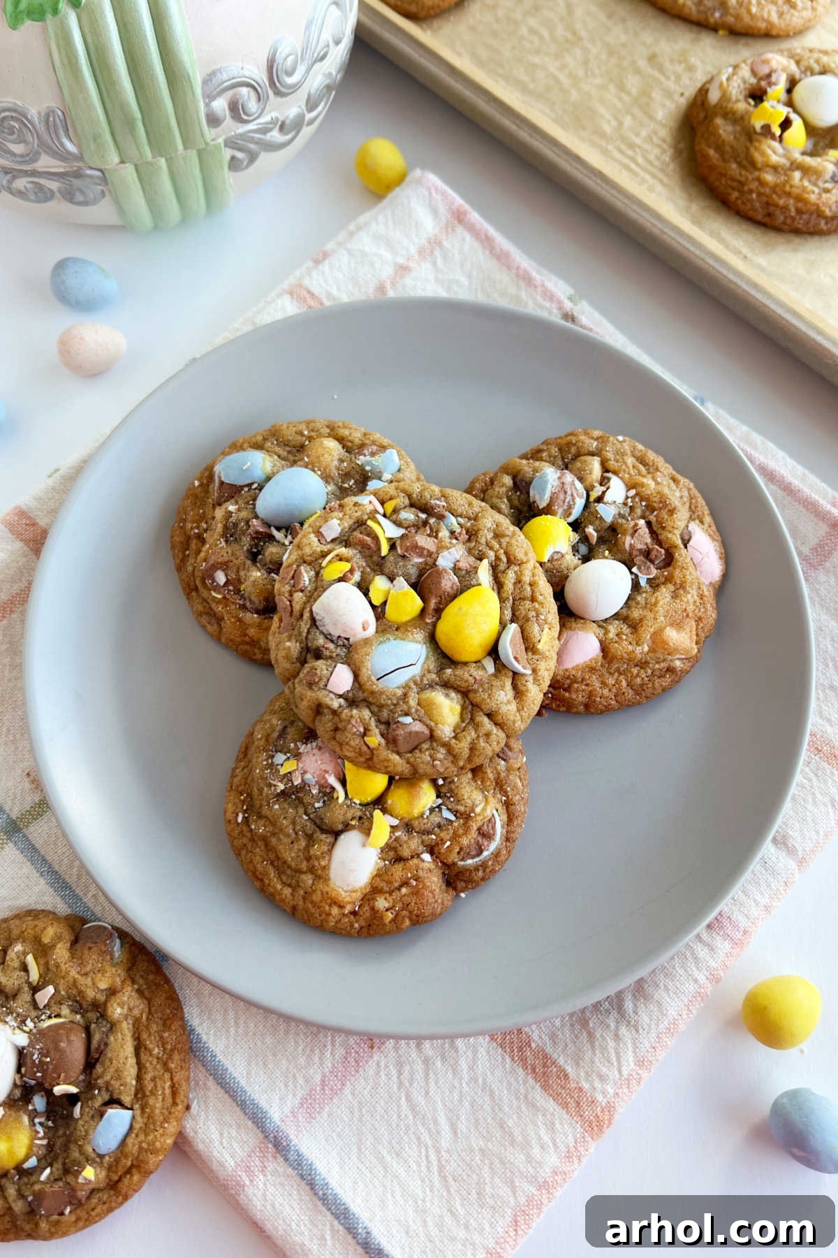 Mini egg cookies with Cadbury mini eggs for Easter, displayed beautifully on a plate