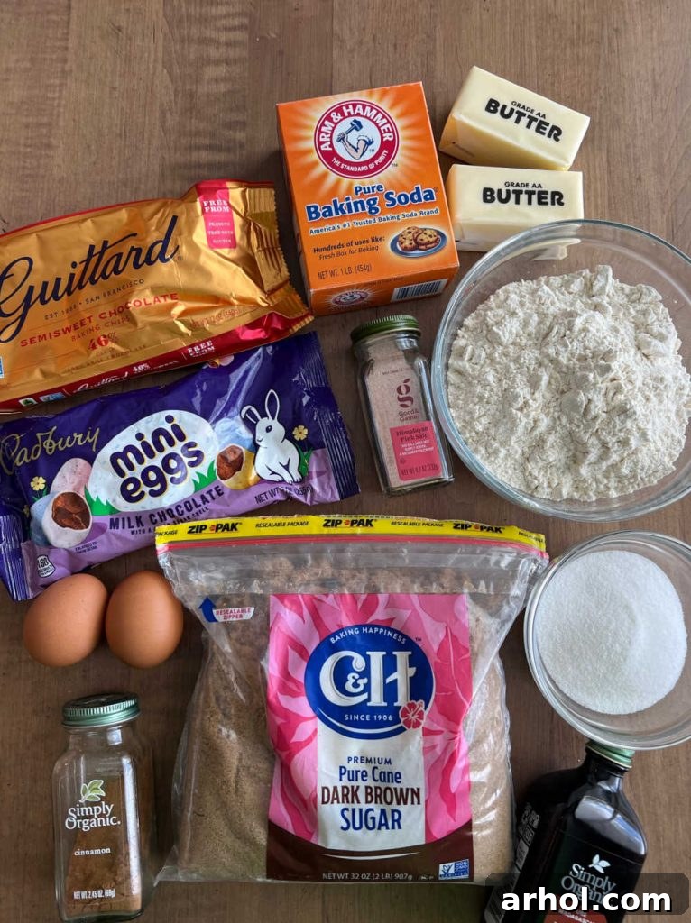 Ingredients laid out to make chocolate chip cookies with Cadbury mini eggs