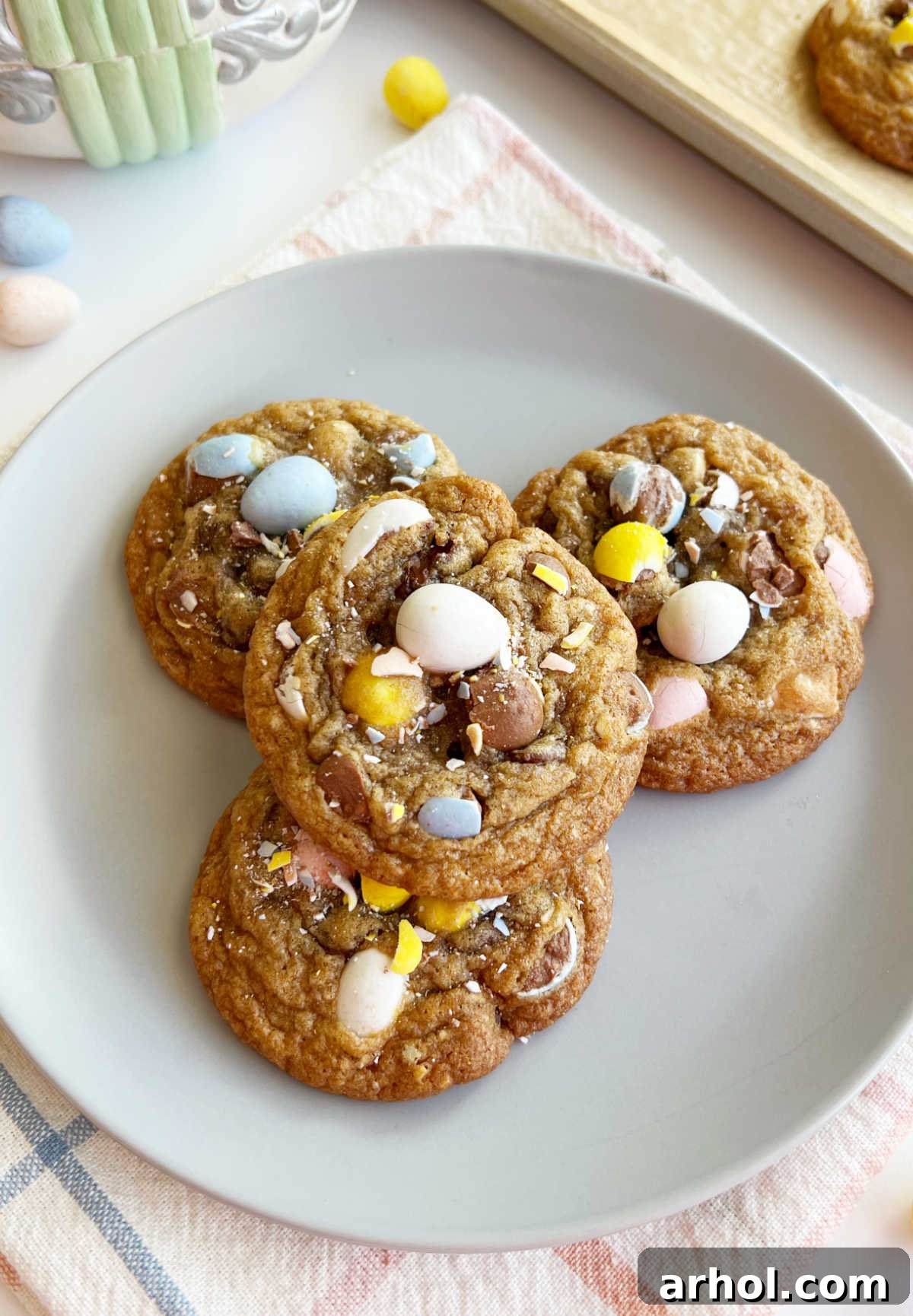 Plate of chocolate chip Easter egg cookies, ready for serving