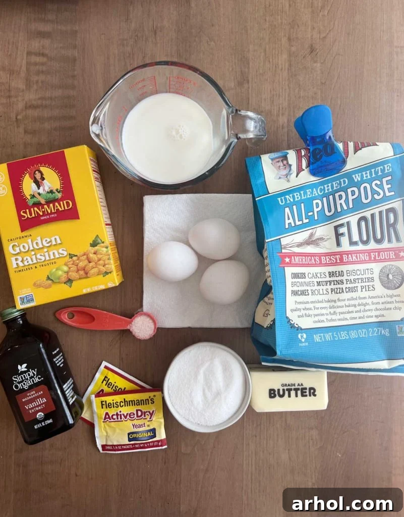eggs, yeast, milk, flour, butter, sugar, vanilla, salt and golden raisins