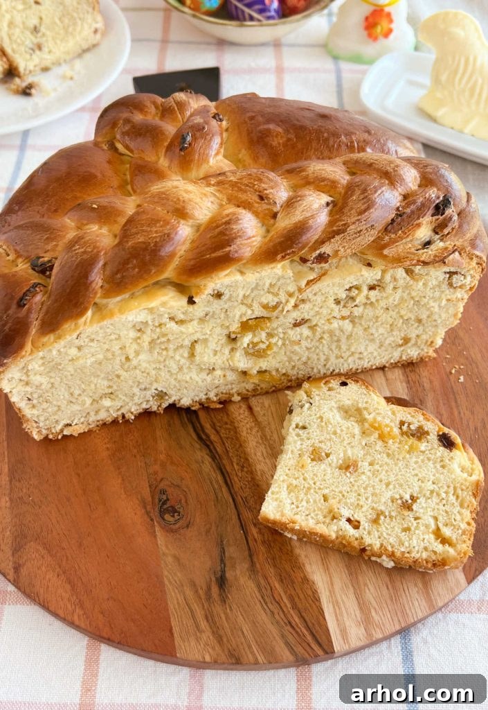 Ukrainian paska bread sliced on Easter table