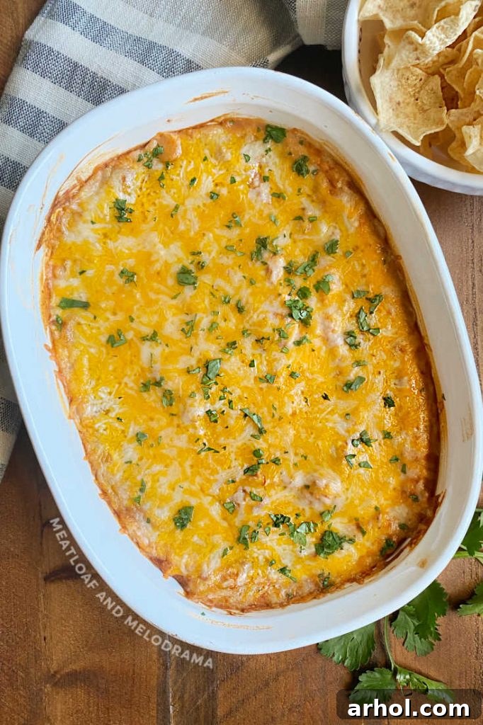 hot bean dip with melted cheese and fresh cilantro in a white casserole dish, ready to serve