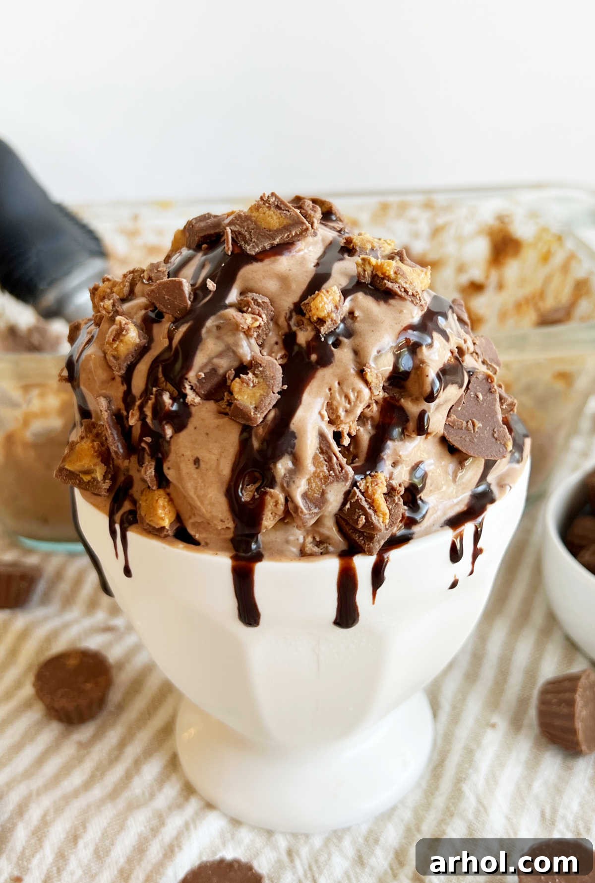 No-Churn Chocolate Peanut Butter Bliss 2 A beautiful bowl of homemade chocolate peanut butter ice cream, drizzled with chocolate syrup and garnished with mini Reese's cups, ready to be enjoyed.