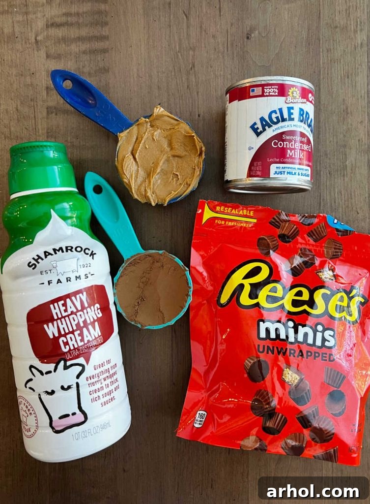 No-Churn Chocolate Peanut Butter Bliss 3 A flat lay photograph showcasing the core ingredients for homemade chocolate peanut butter ice cream: heavy whipping cream, sweetened condensed milk, smooth peanut butter, cocoa powder, and a scattering of mini Reese's candies.