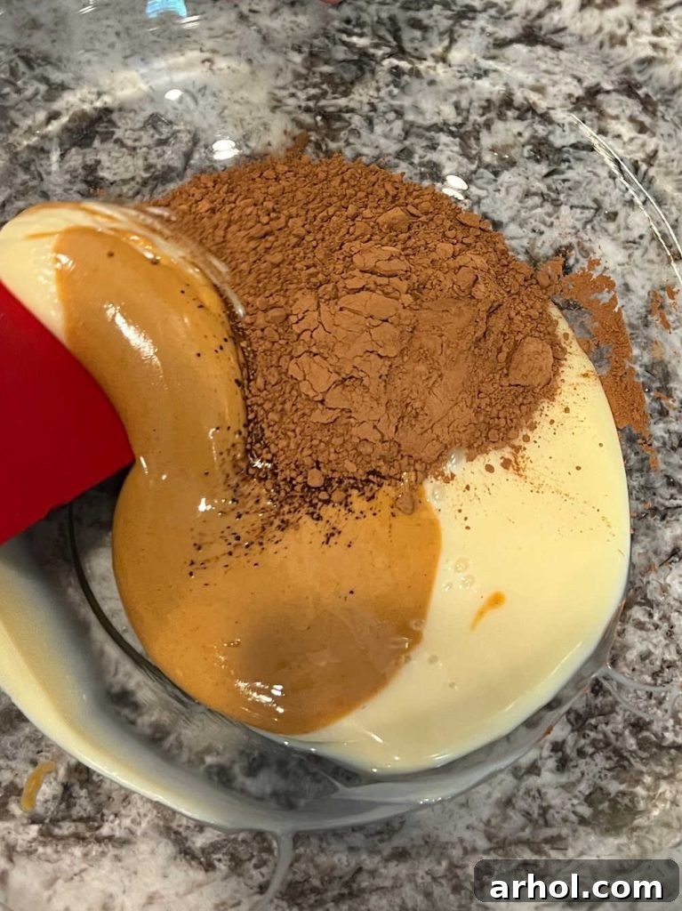 No-Churn Chocolate Peanut Butter Bliss 5 Sweetened condensed milk, melted peanut butter, and cocoa powder being stirred together in a large mixing bowl to create a smooth, rich chocolate-peanut butter mixture.