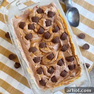 Homemade chocolate peanut butter ice cream with mini Reese's cups in a loaf pan, ready to be served.
