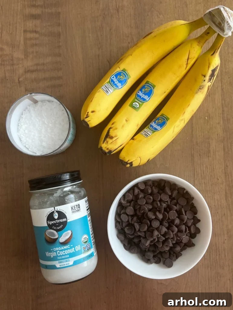A vibrant flat lay showing ripe bananas, chocolate chips, coconut oil, and flaked sea salt, ready for making delicious frozen treats.