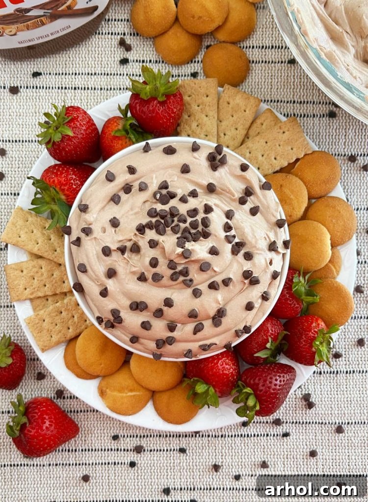 A serving platter featuring a central bowl of creamy Nutella cheesecake dip, generously topped with mini chocolate chips, surrounded by an appetizing assortment of fresh fruit and crispy cookies, illustrating perfect presentation.