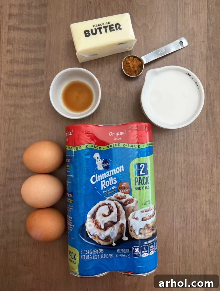canned cinnamon rolls, eggs, vanilla, butter, cinnamon, half and half