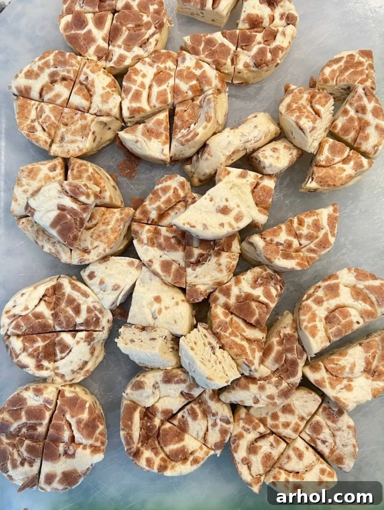 slice cinnamon rolls into quarters