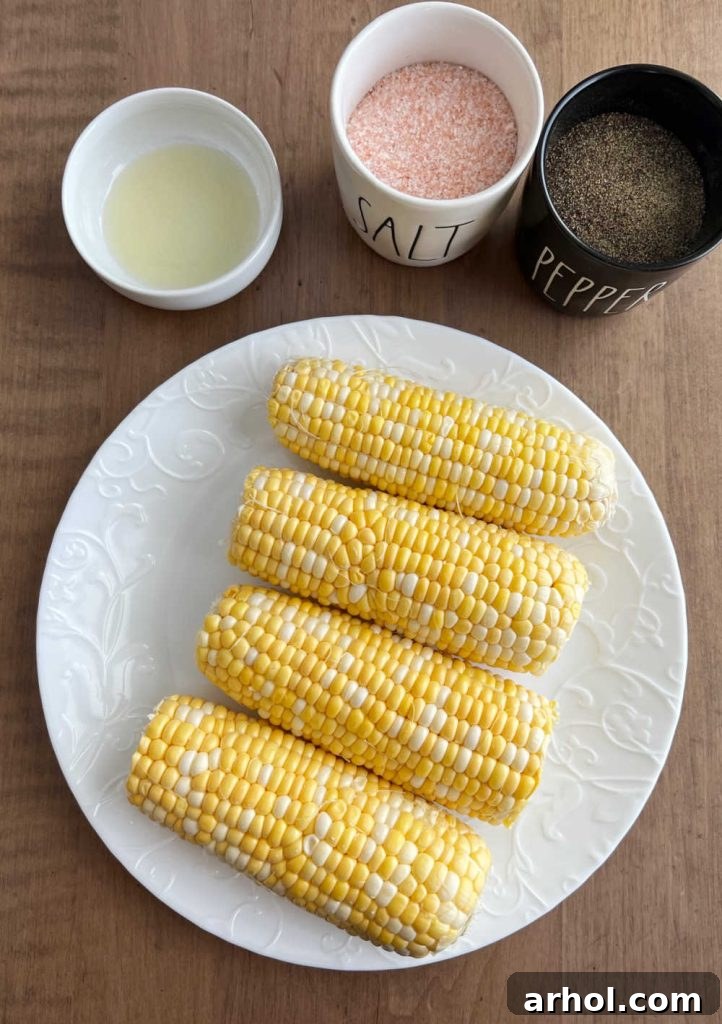 4 ears of corn, avocado oil, sea salt, pepper.