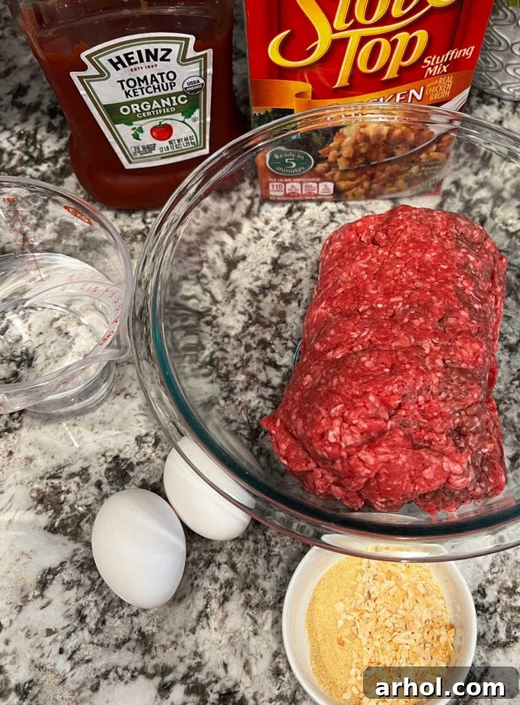 ground beef, box of stove top stuffing mix, ketchup, water, eggs, seasonings.