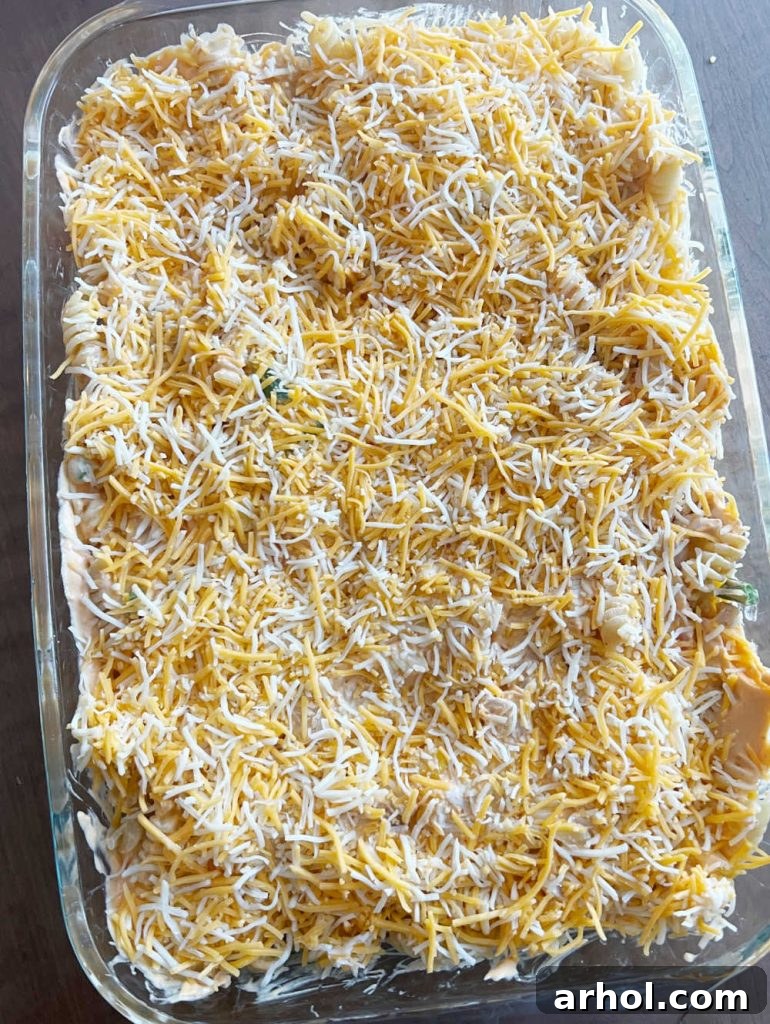 Shredded cheese generously spread over the uncooked Buffalo Chicken Casserole, ready for baking.