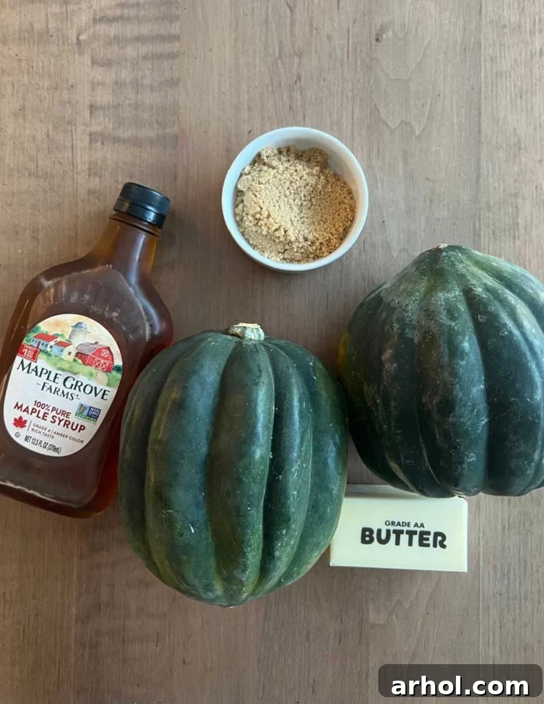 Acorn squash, brown sugar, butter, and maple syrup, essential ingredients for a sweet side dish.