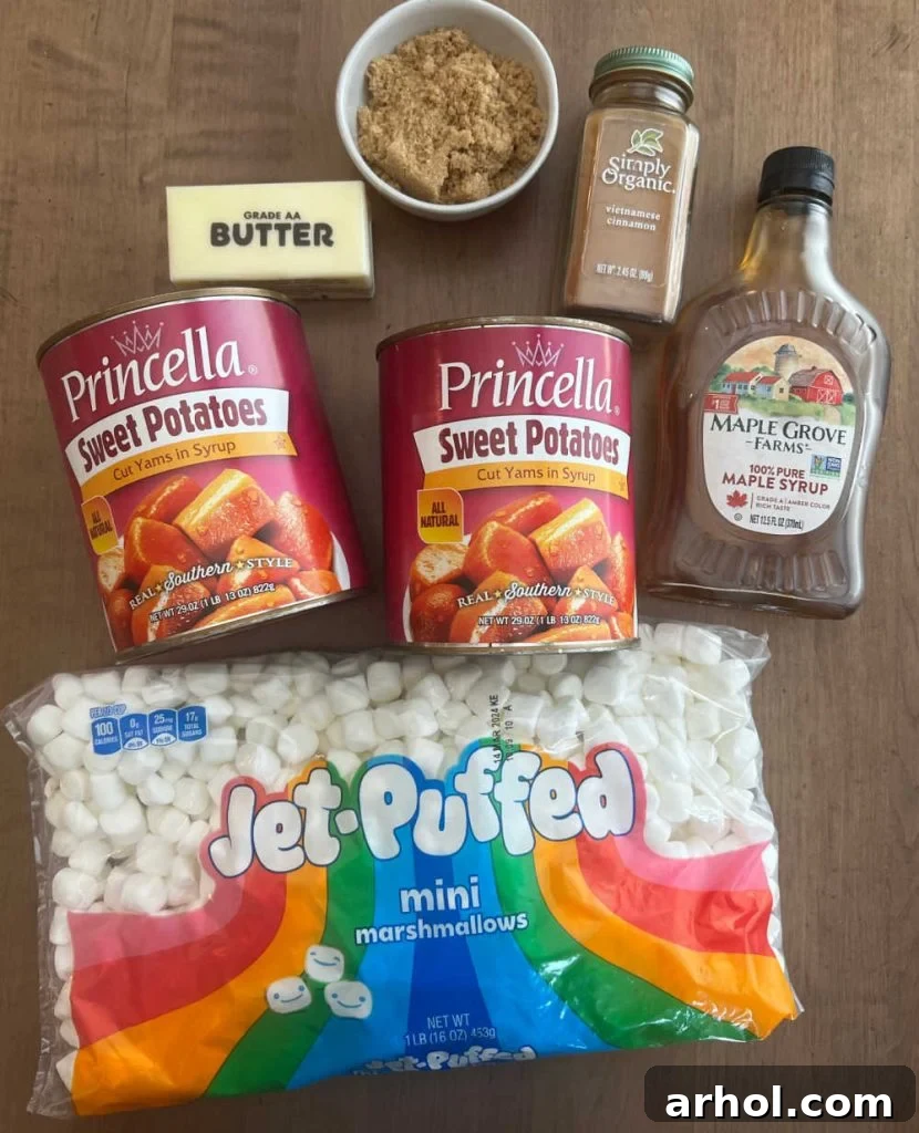 can sweet potatoes, butter, brown sugar, cinnamon, maple syrup and bag of marshmallows.