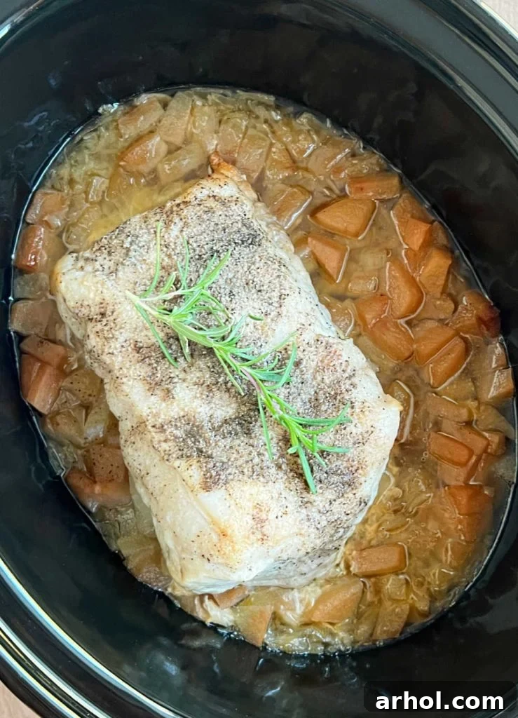 Whole pork loin roast with a sprig of rosemary over a bed of apples and sauerkraut in a crock pot, ready to serve.
