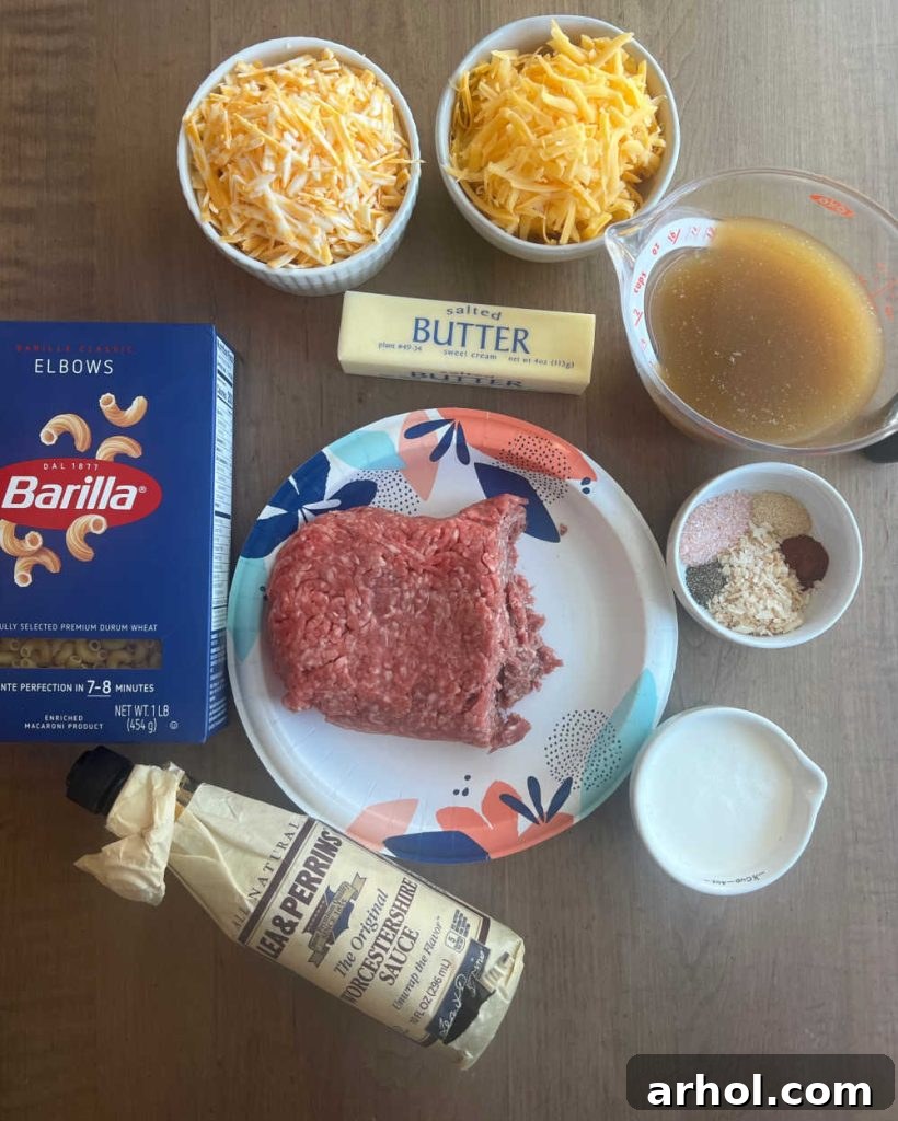 hamburger meat, elbow pasta, cheese, beef broth, butter, cream, worcestershire sauce and spices.
