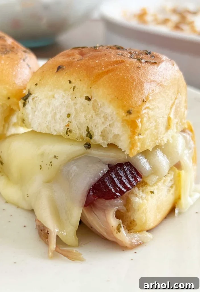 Aloha Turkey Sliders 7 Baked turkey cranberry sliders with melted cheese on a white plate, garnished with fresh herbs, ready to be served.