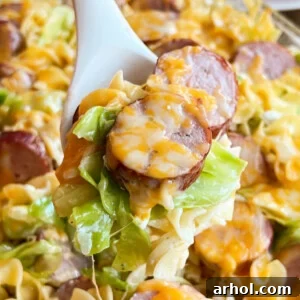 cheesy kielbasa casserole with cabbage and egg noodles.