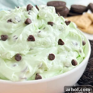 A beautiful bowl of mint chocolate chip cheesecake dip, ready to be served.