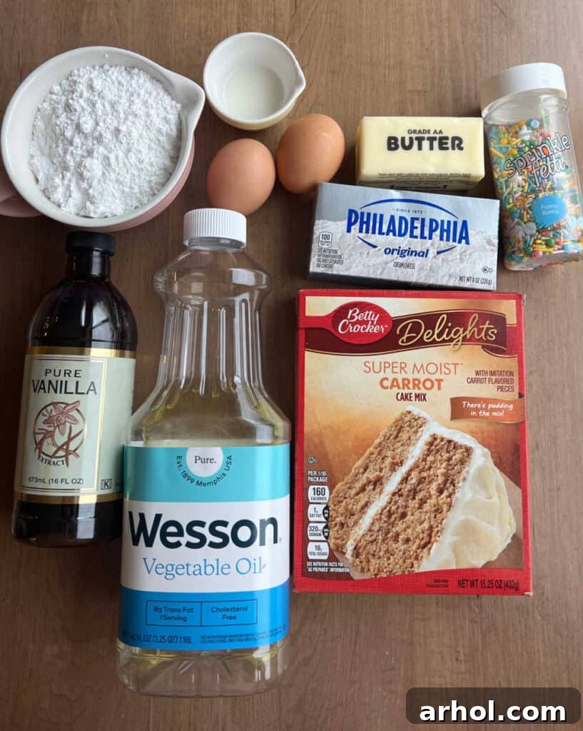 A vibrant display of all the essential ingredients for carrot cake mix cookies and cream cheese frosting, including cake mix, oil, eggs, butter, cream cheese, milk, powdered sugar, vanilla, and colorful sprinkles.