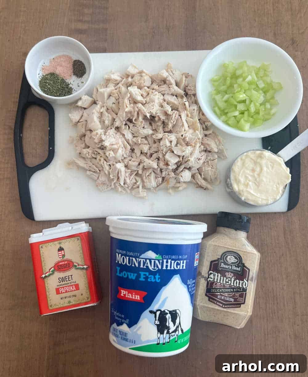 chopped chicken, celery, mayo, yogurt, mustard and spices.