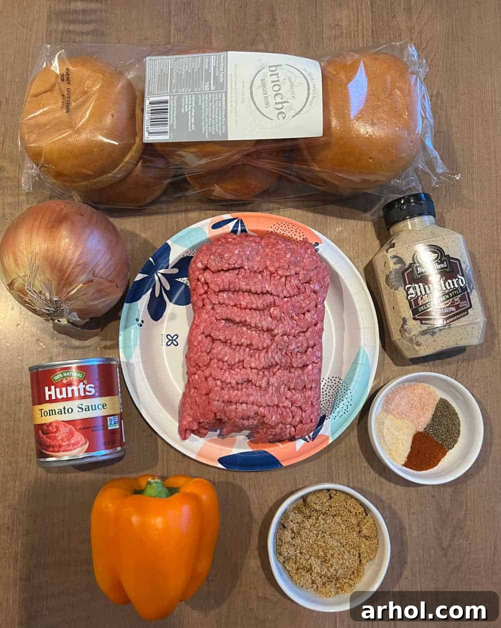 ground beef, bell pepper, onion, tomato sauce, brown sugar, mustard, spices and brioche buns.