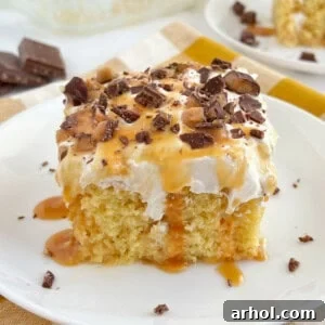 Heath bar cake slice on a white plate, showcasing layers and toppings.