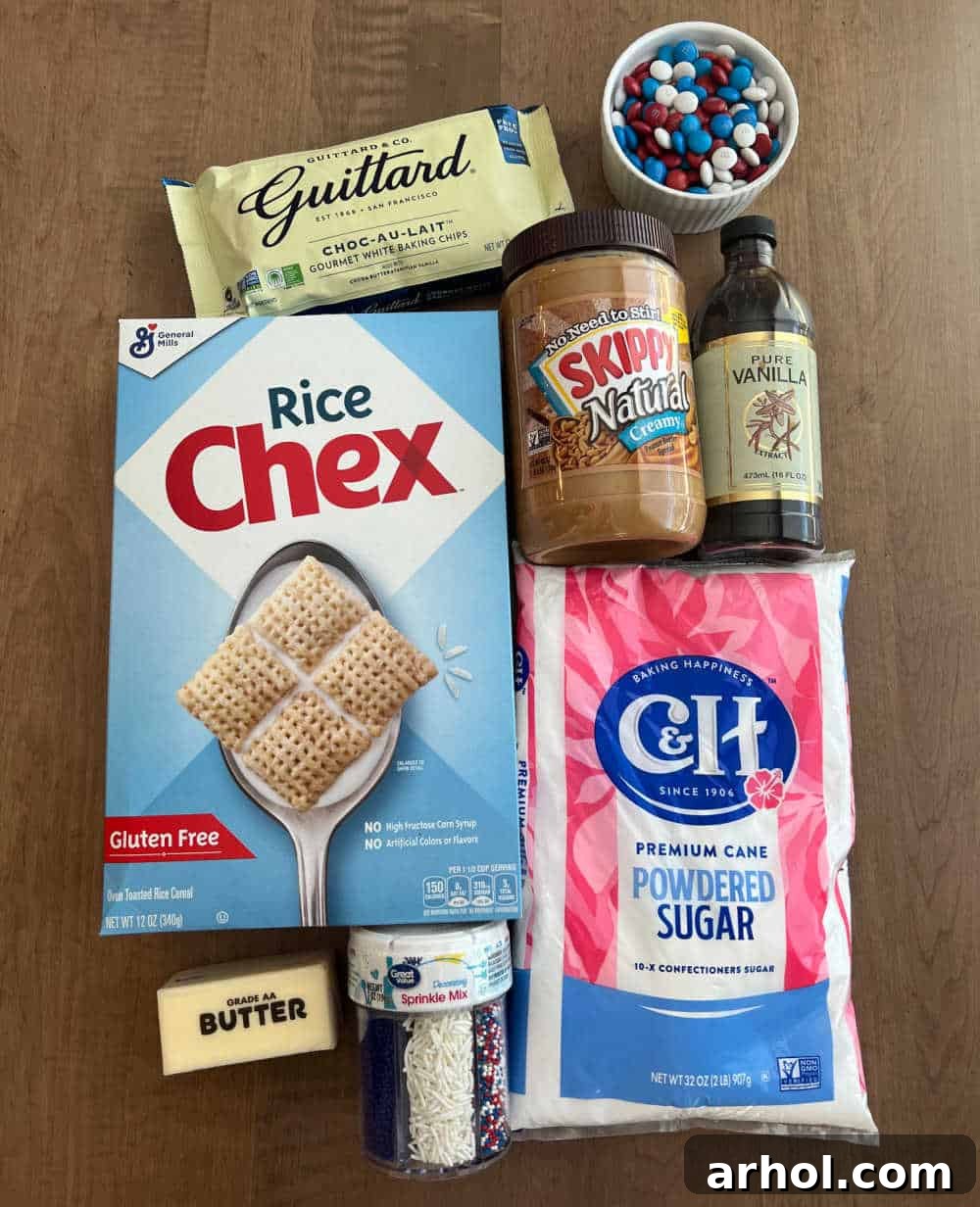 Star-Spangled Snack Mix 3 Ingredients for Red White and Blue Puppy Chow laid out: Rice Chex, white baking chips, creamy peanut butter, vanilla extract, powdered sugar, butter, and patriotic M&M candies.