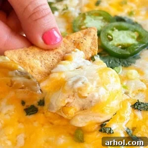 hot corn dip on a tortilla chip