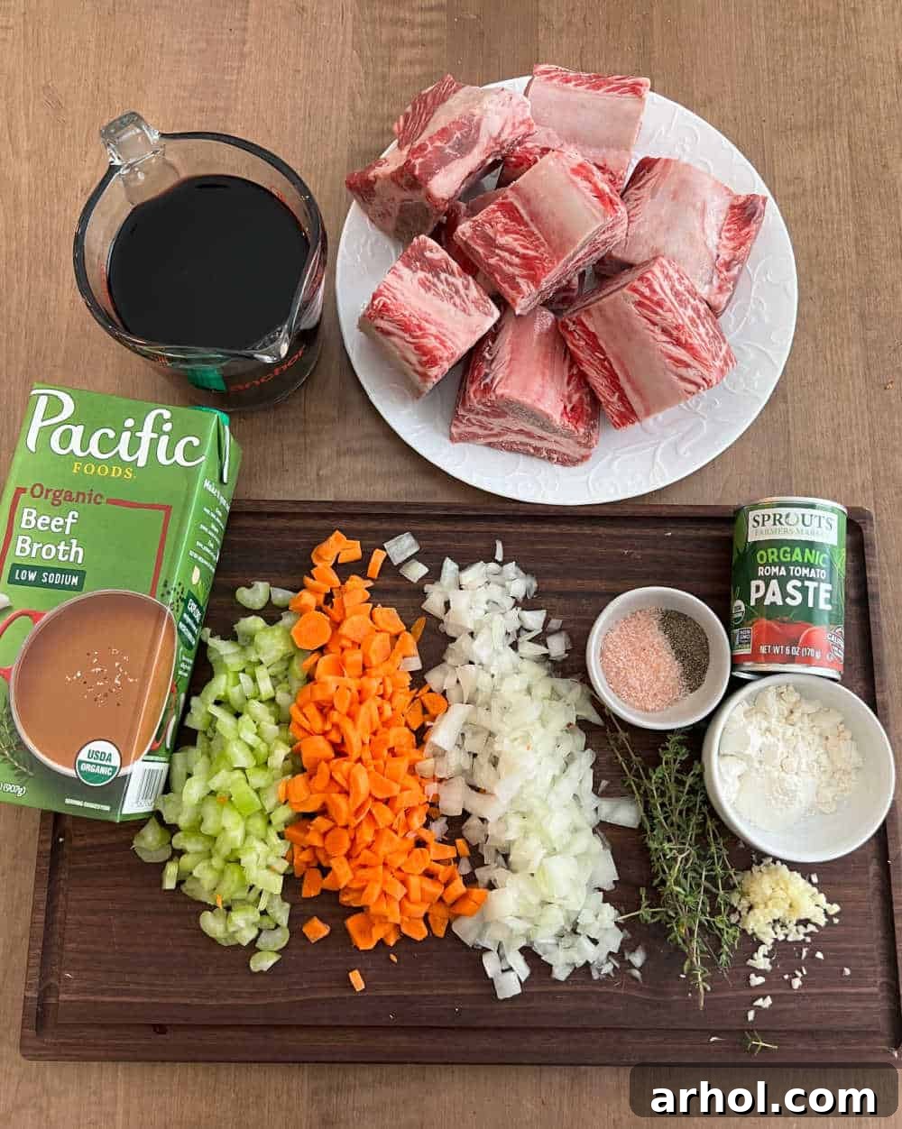 Melt-In-Your-Mouth Braised Short Ribs 3 short ribs, broth, wine, carrots, celery, onion, tomato paste, flour and seasonings.