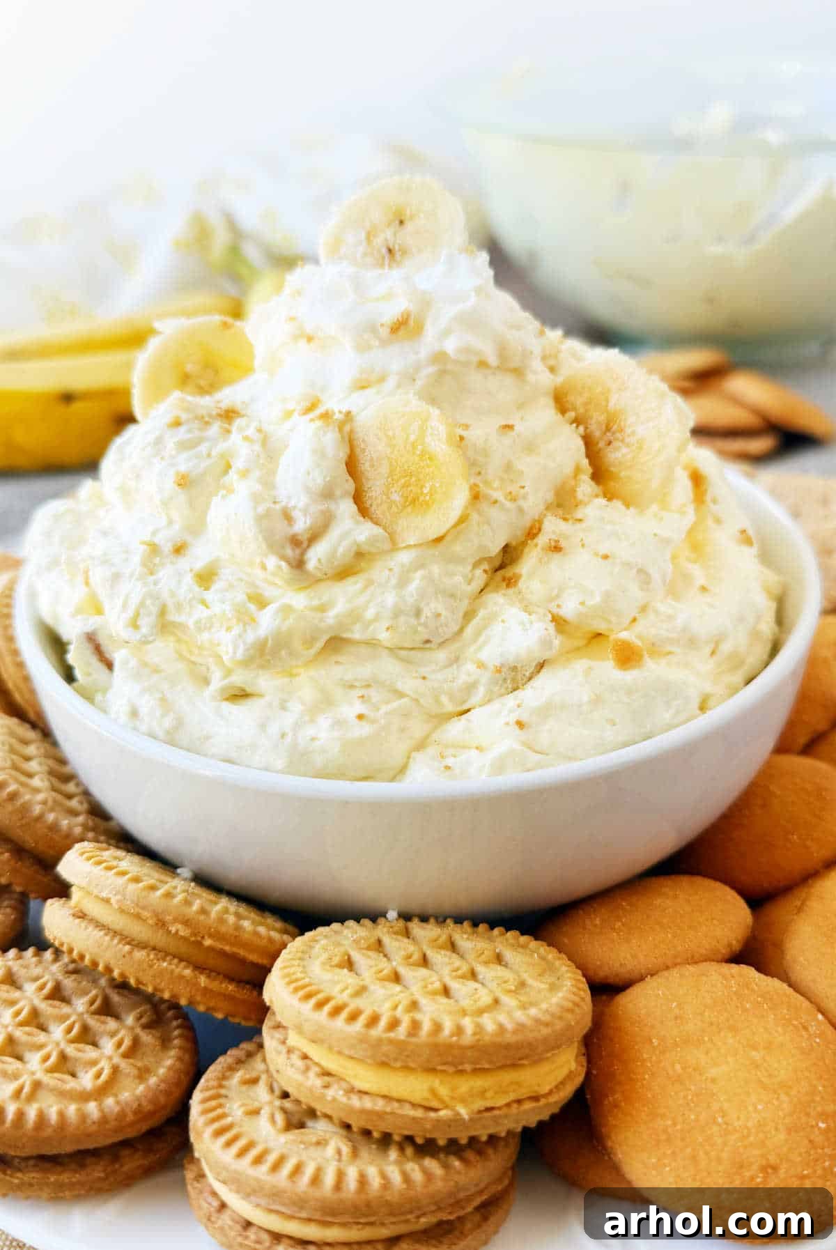 A beautifully presented bowl of creamy banana pudding dip, garnished with fresh banana slices and crunchy Nilla wafer cookies, ready for serving at a party or as a sweet treat.