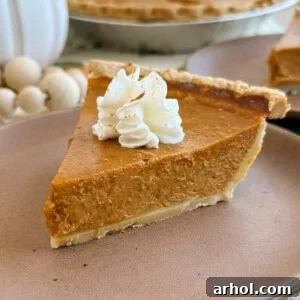 A beautifully baked slice of homemade pumpkin pie on a white plate, garnished with whipped cream.