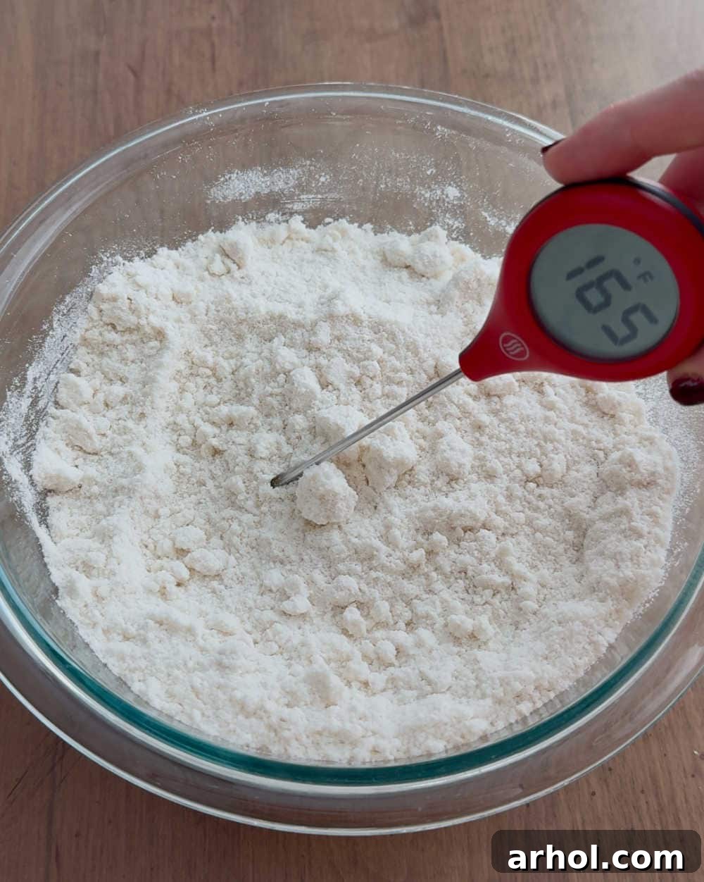Dreamy Christmas Sugar Cookie Dip 4 thermometer in cookie mix showing 165F.