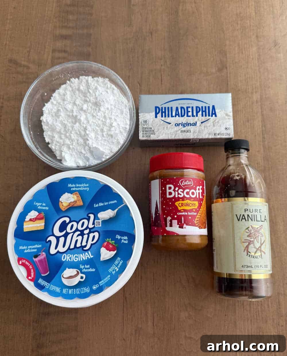 cool whip, powdered sugar, crunchy cookie butter, cream cheese, vanilla extract.