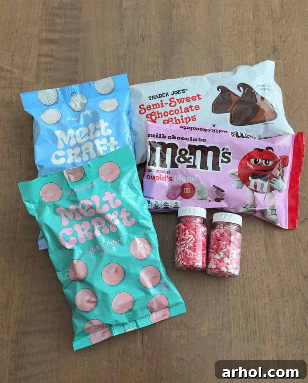 candy melts, chocolate chips, M&M's and sprinkles – essential ingredients for homemade Valentine's Day bark.