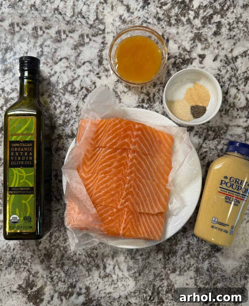 Golden Baked Honey Mustard Salmon 3 salmon, olive oil, honey, mustard, spices.
