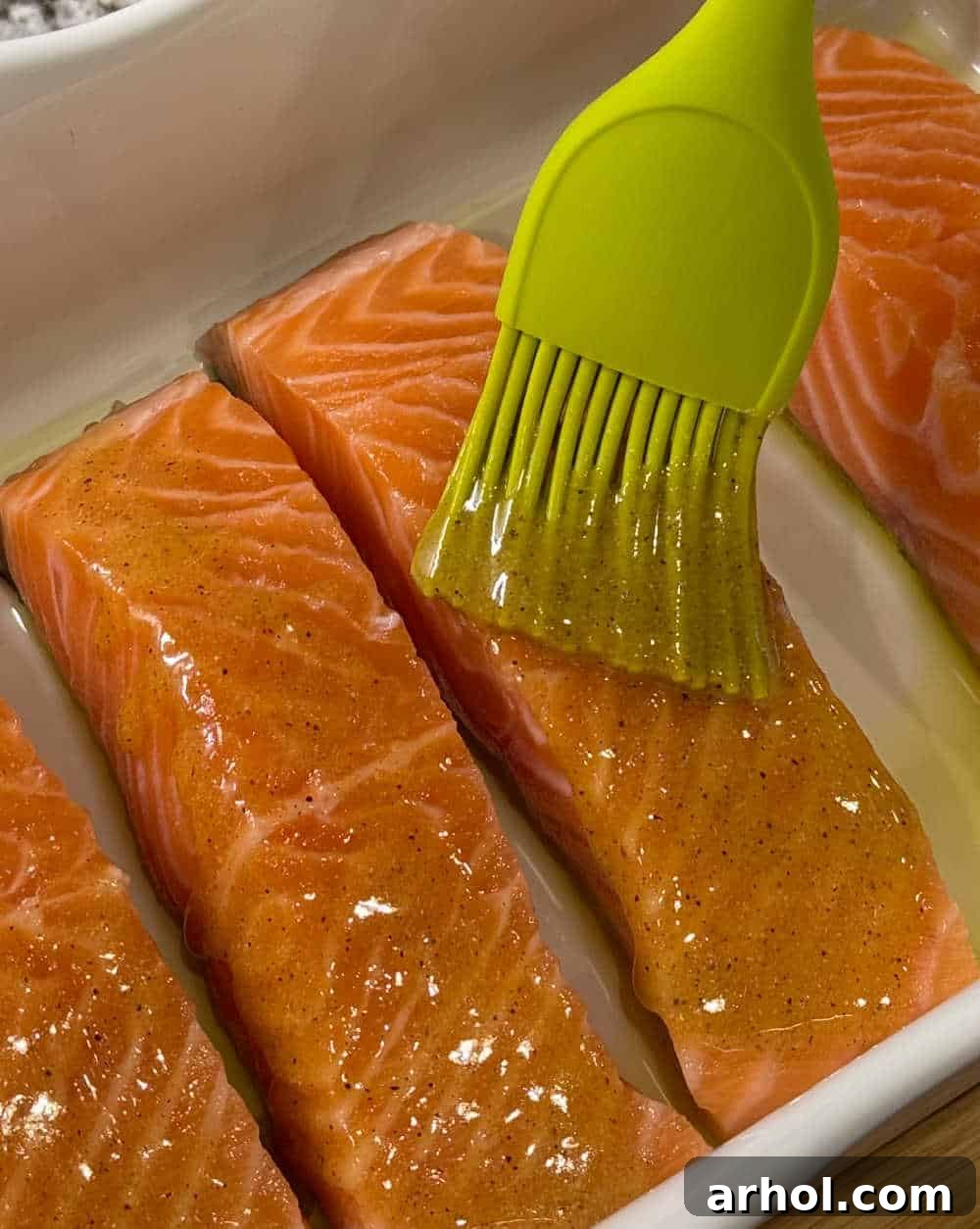 Golden Baked Honey Mustard Salmon 6 brush sauce on salmon.