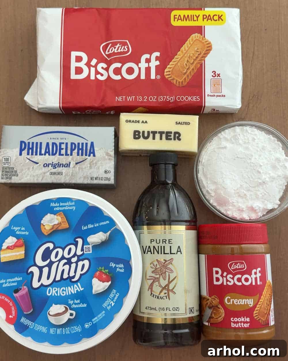 Irresistible No-Bake Cookie Butter Pie 3 biscoff cookies, cookie butter, cool whip, cream cheese, butter, sugar, vanilla.